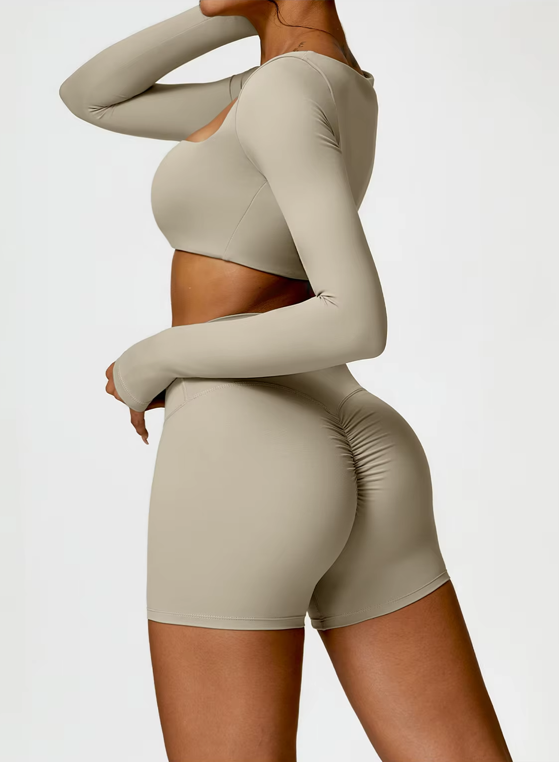 Conjunto moldeador sin costuras con escote cuadrado | Top corto de manga larga + leggings o shorts de cintura alta con efecto moldeador
