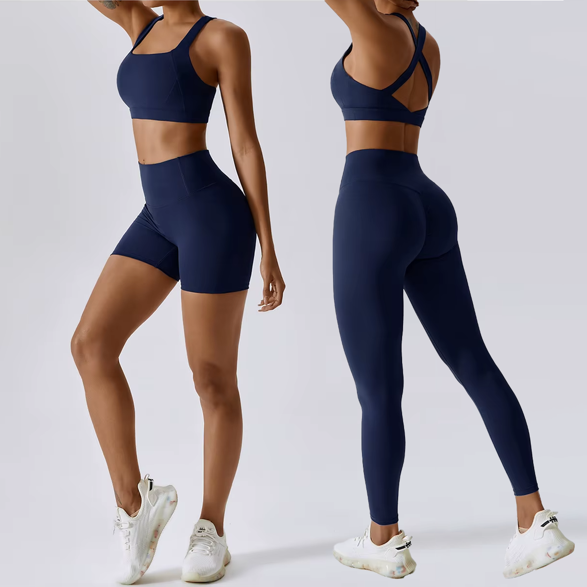 Conjunto de soporte moldeador: sujetador deportivo de doble tirante + short/legging de cintura alta 