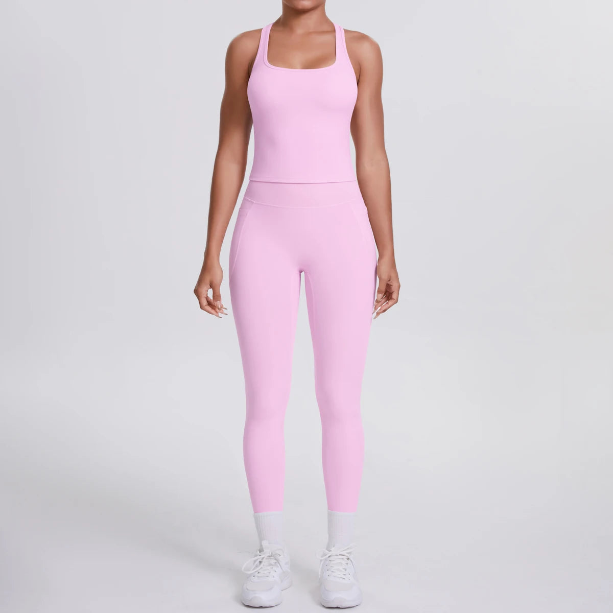 Conjunto de espalda deportiva Smooth Sculpt: camiseta de tirantes ajustada + leggings de cintura alta con bolsillo