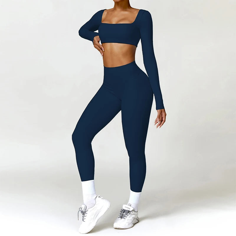 Square Neck Long-Sleeve Scrunch Sports Set with V-Waist Leggings for Comfort & Sculpting Fit - NEOFORMA APPAREL