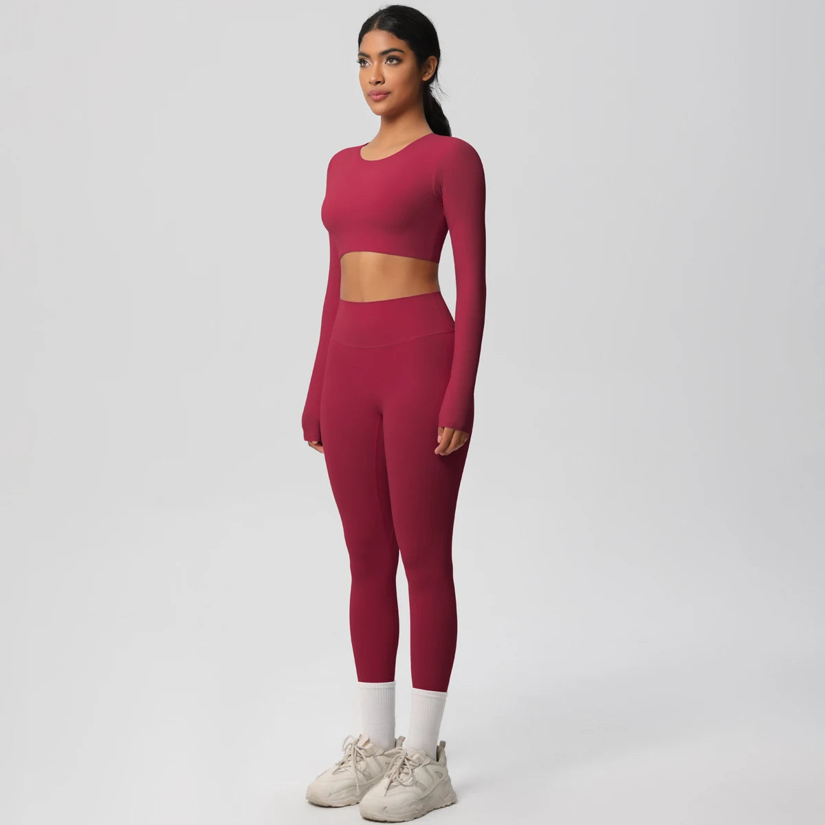 Conjunto básico sin costuras de manga larga | Top corto + leggings de cintura alta