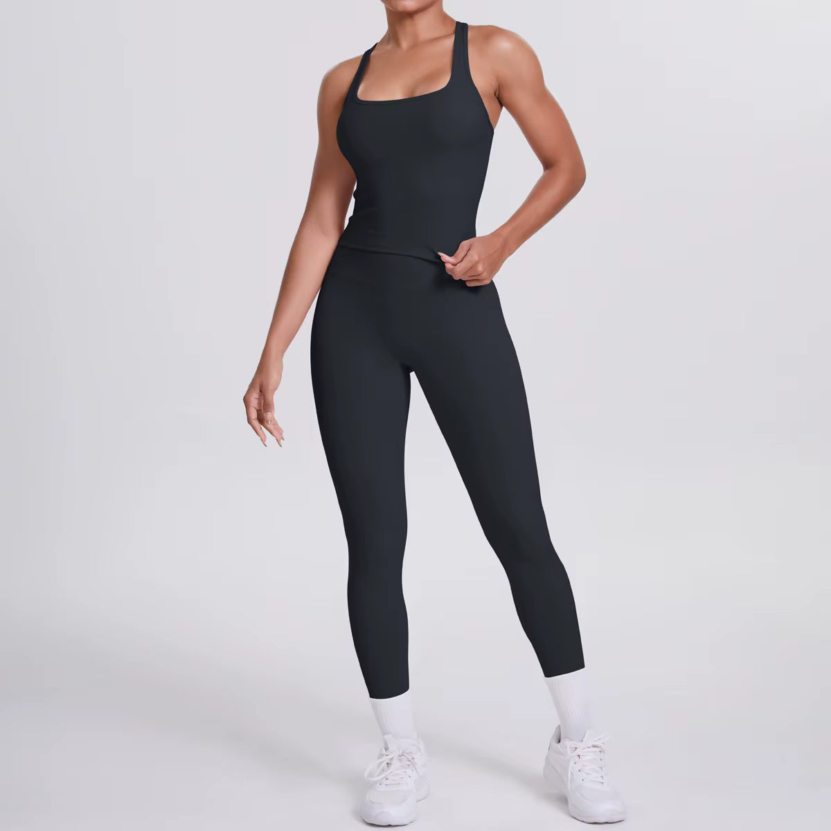 Conjunto de espalda deportiva Smooth Sculpt: camiseta de tirantes ajustada + leggings de cintura alta con bolsillo