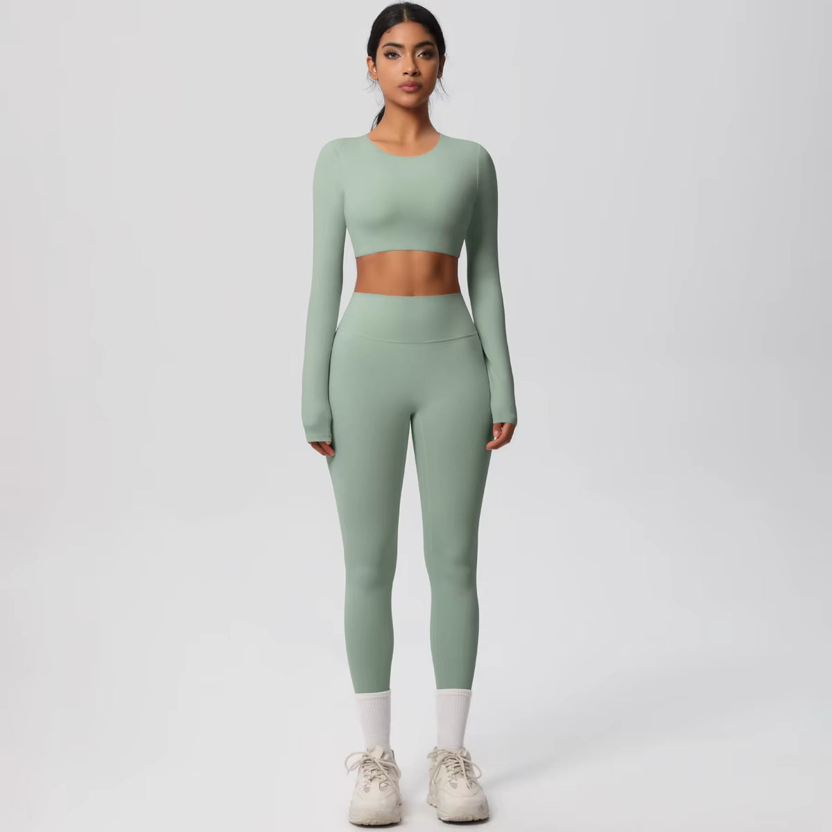 Conjunto básico sin costuras de manga larga | Top corto + leggings de cintura alta