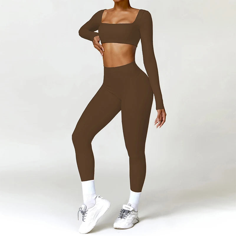 Square Neck Long-Sleeve Scrunch Sports Set with V-Waist Leggings for Comfort & Sculpting Fit - NEOFORMA APPAREL