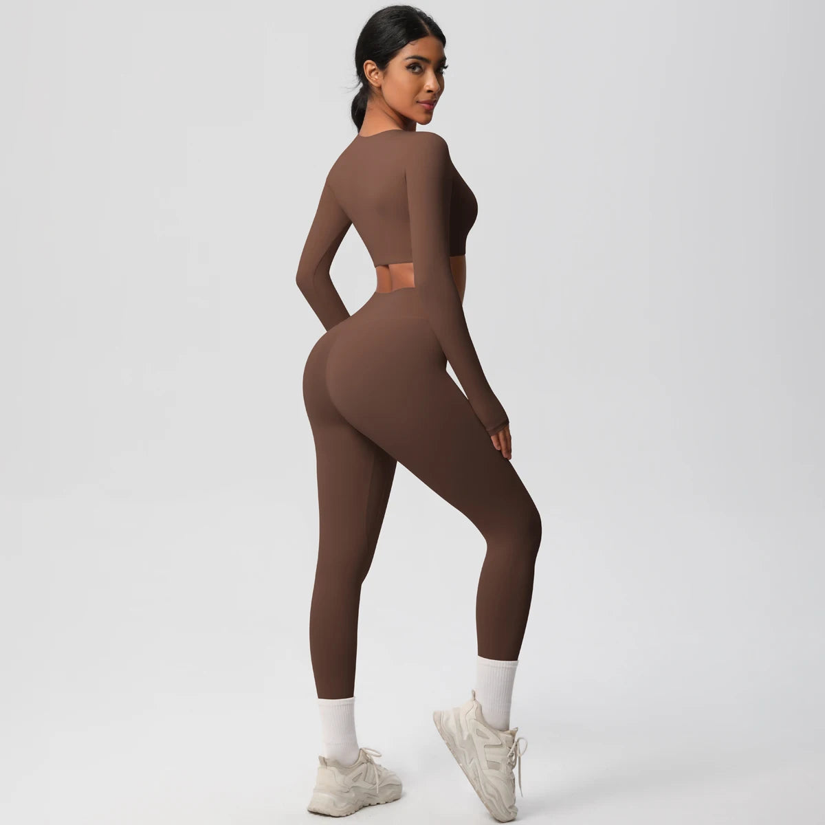 Conjunto básico sin costuras de manga larga | Top corto + leggings de cintura alta