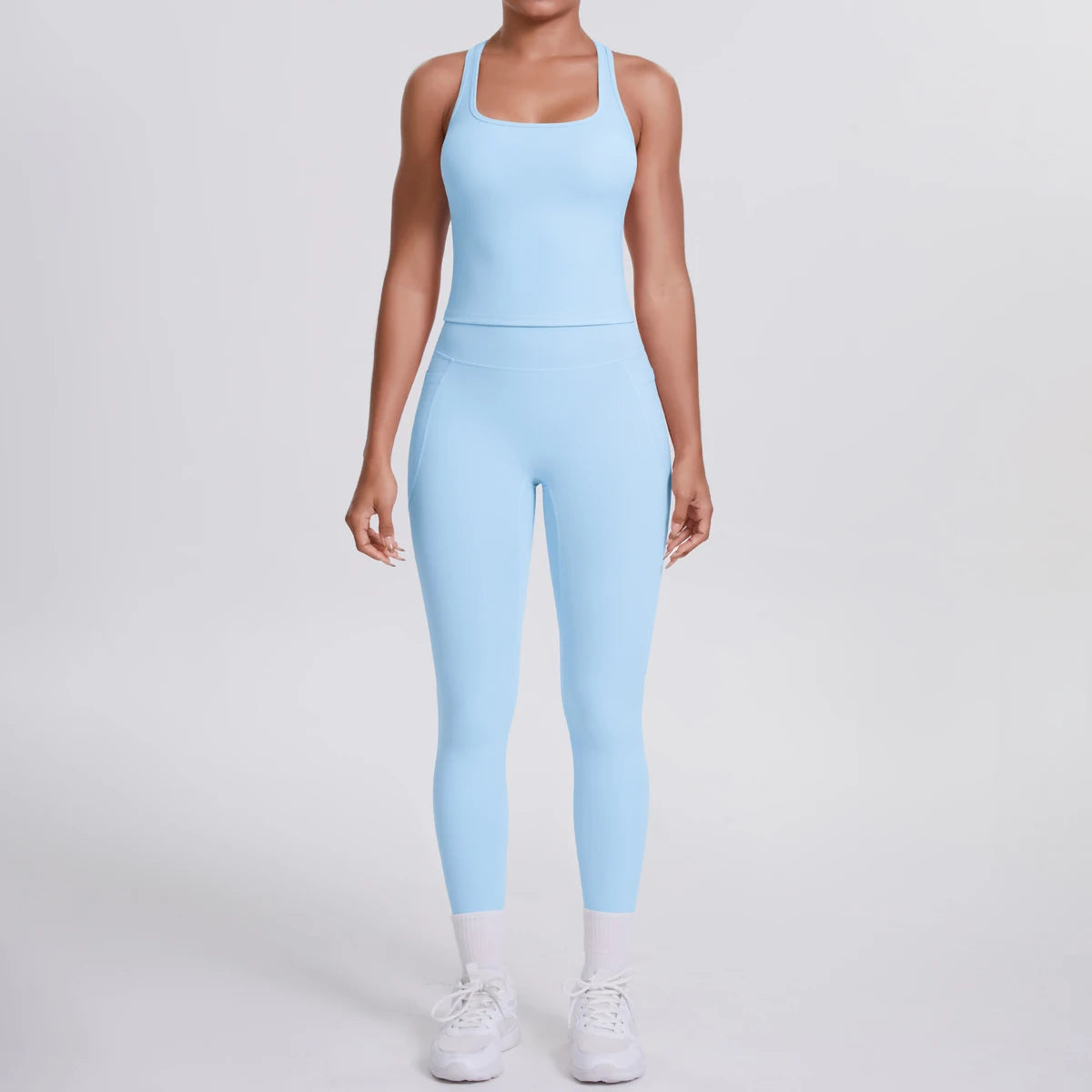 Conjunto de espalda deportiva Smooth Sculpt: camiseta de tirantes ajustada + leggings de cintura alta con bolsillo