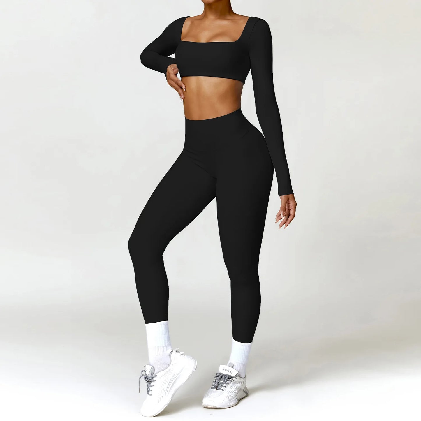 Square Neck Long-Sleeve Scrunch Sports Set with V-Waist Leggings for Comfort & Sculpting Fit - NEOFORMA APPAREL
