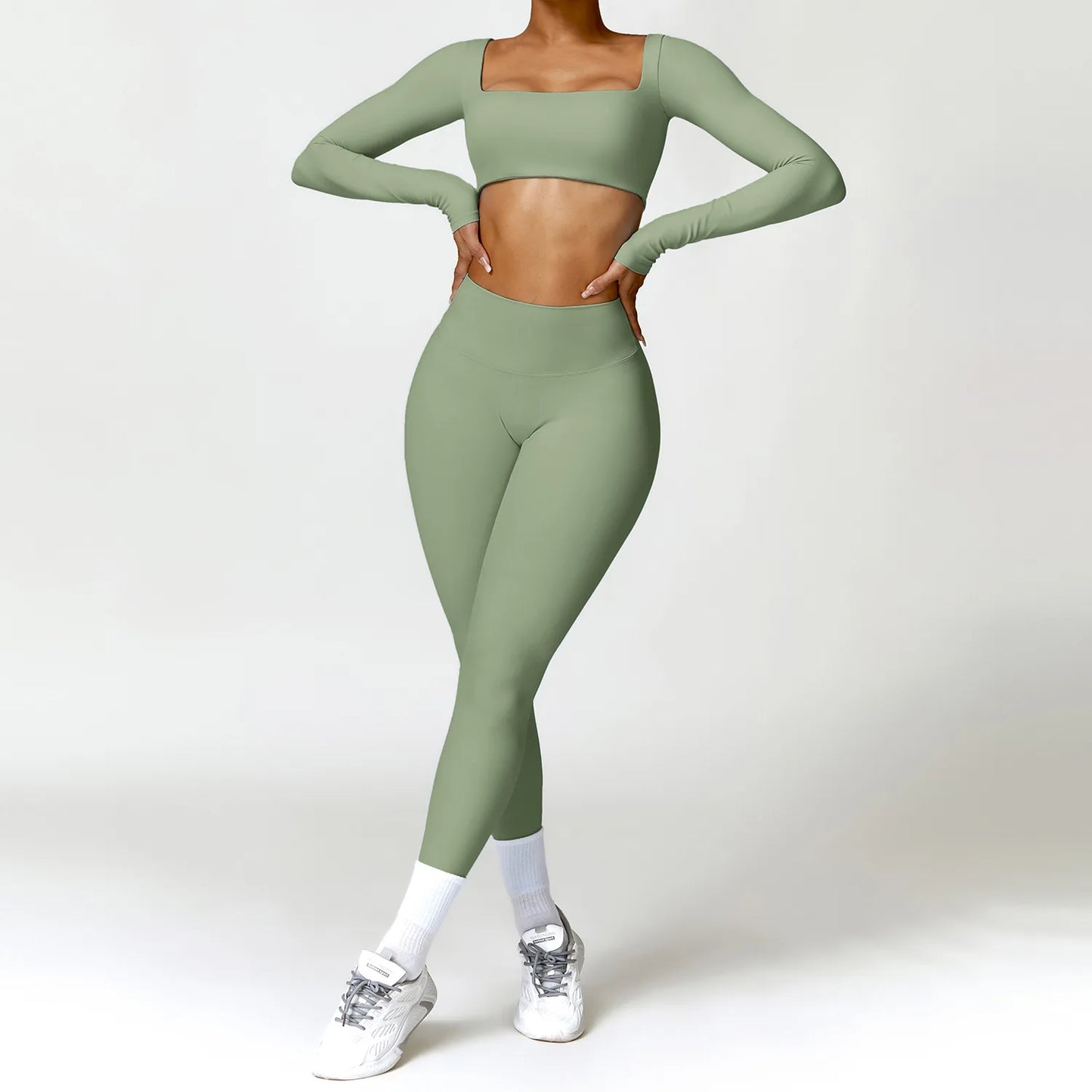 Square Neck Long-Sleeve Scrunch Sports Set with V-Waist Leggings for Comfort & Sculpting Fit - NEOFORMA APPAREL